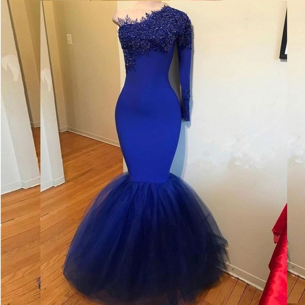 

royal blue русалка вечерние платья бусы аппликации кружева одно плечо с длинными рукавами платье выпускного вечера тюль атласная пользовател, Black;red