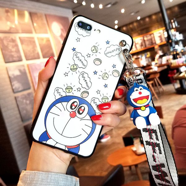 

doraemon case, cute japan cartoon soft case for iphone xs max x 8 8plus 7 7plus 6 6s 6p cover + toy stander+ strap
