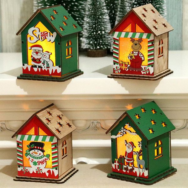 

led light wooden house gift christmas tree decoration elk santa clause snowman hanging pendant merry christmas decor for home