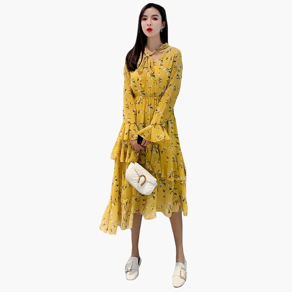 

vestidos spring autumn dress high waist ruffle dress chiffon floral print yellow plus size dresses for women, Black;gray