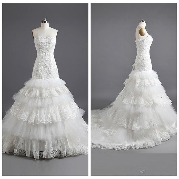 

без бретелек русалка свадебные платья 2019 кружевные аппликациями многоуровневое тюль свадебные платья lace up назад vestidos de брак формал, White