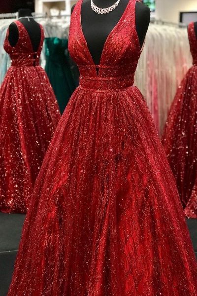 

sparkly v neck red floor length prom dresses for women