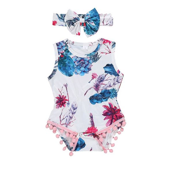 

summer newborn baby girls cute fashion floral rompers headband set sleeveless bodysuit with tassel design jumpsuit, White