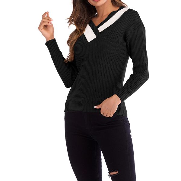 

knitted sweater jumper pullover women colorblock v neck long sleeve korean style women ropa mujer invierno 2019 pullover, White;black