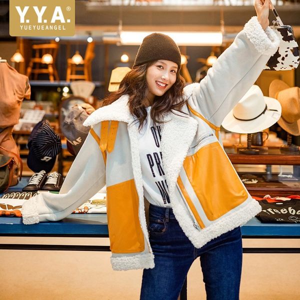 

winter fashion women warm fur lining motorycle suede leather jacket casual oversized shearling overcoat colors mixed coat jacket, Black