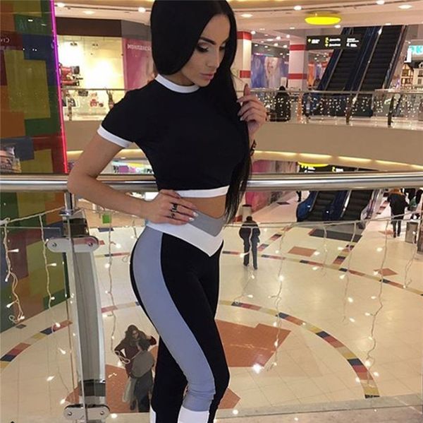 

yoga sets short-sleeved pants sports suit women gym two-piece set t-shirt leggings fitness clothing sport wear for lady girls, White;red