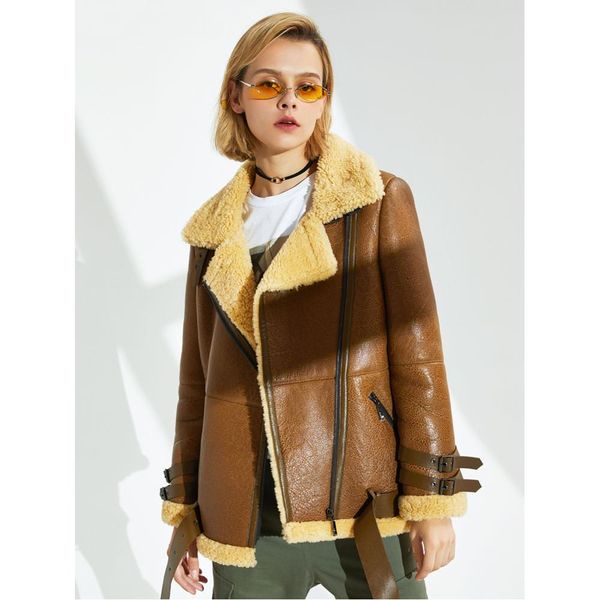 

women's b3 shearling jacket women's short motorcycle jacket winter leather warm, Black