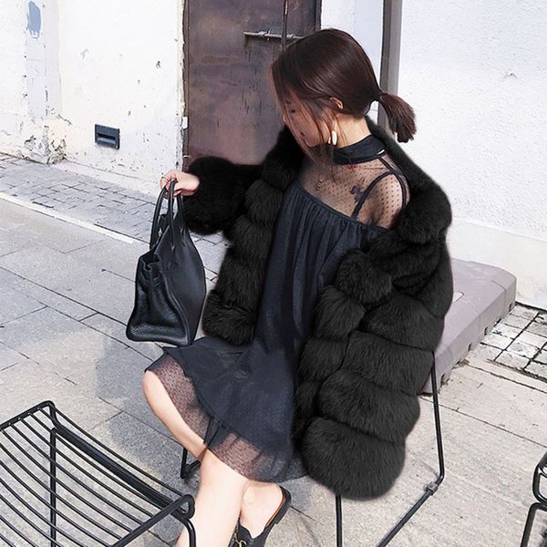 

women's fashion solid lapel faux plush coat cardigan loose pocket jacket coat winter warm faux high-quality fur, Black