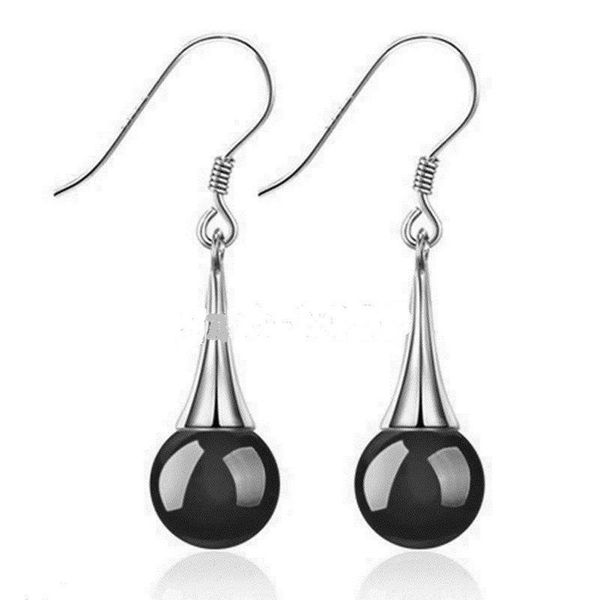 

fashion 10mm natural black agate beads 925 solid silver dangle earrings