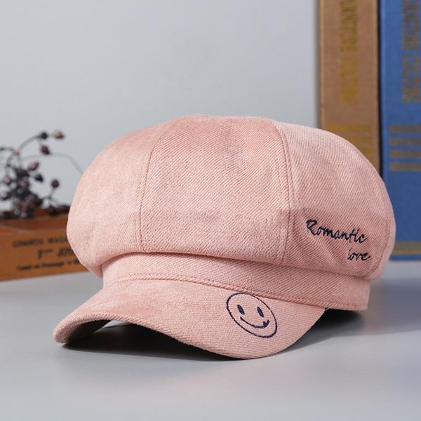 

kuulee woman autumn winter beret embroidery smile octagonal hat all match casual painter cap hat, Blue;gray