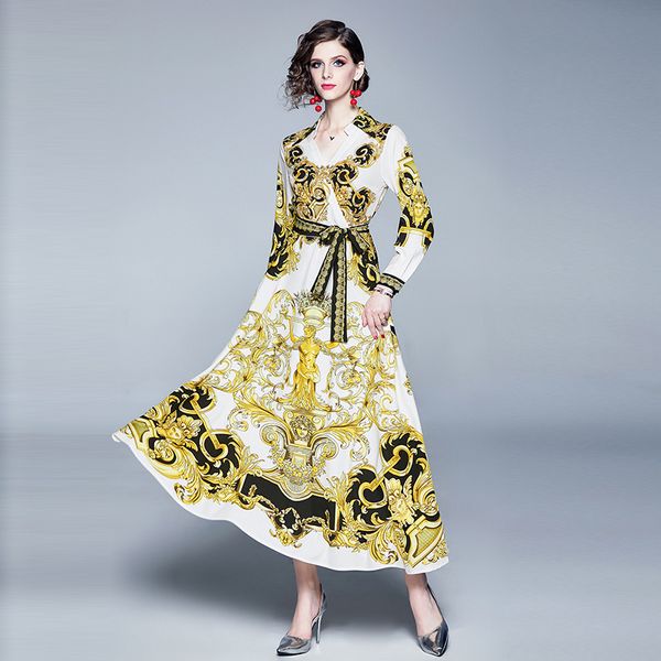 

luxury vintage classic print dress spring fall runway women's turtle neck big swing dress office lady business slim party prom dresses, Black;gray