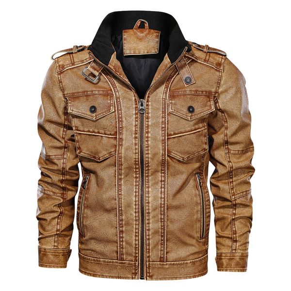

men's autumn winter vintage zipper stand collar imitation jacket leather coat, Black