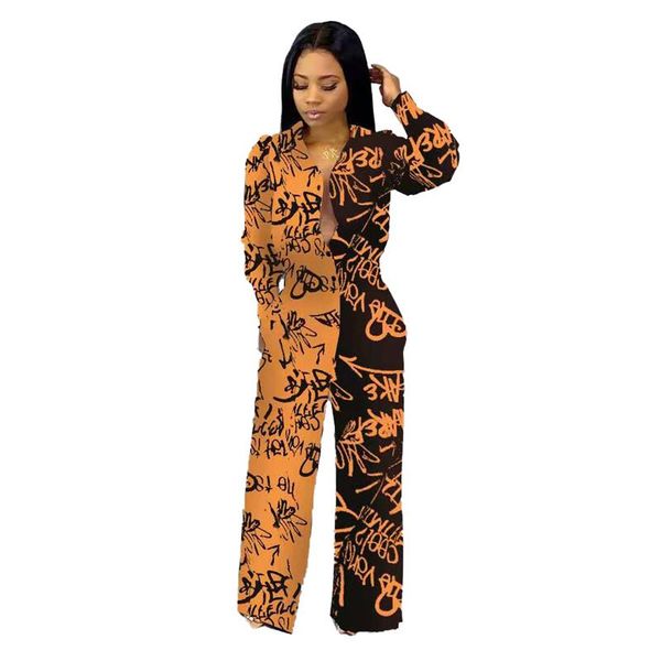 

scrawl letter printed straight full length jumpsuits office lady v neck long sleeve rompers with pocket 3 color mn8069g, Black;white