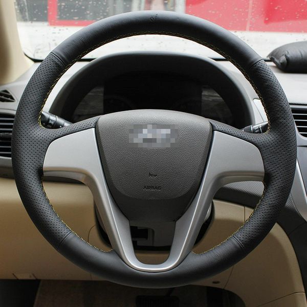 

anti slip black leather hand sewing steering wheel cover for hyundai verna