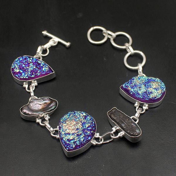 

natural titanium biwa pearl magic 925 sterling silver women links chain bracelet 8.25 inch h553, Black