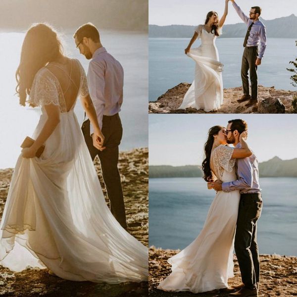

bohemian chiffon wedding dresses v neck short sleeves lace backless summer beach bridal gowns robes de soirÃ©e, White