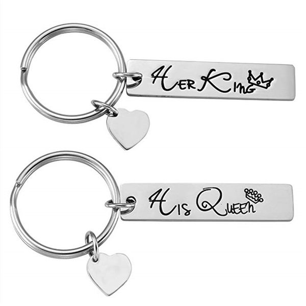 

his queen her king pendant couple keychain stainless steel love heart letters keychains key rings chains couples gifts 1 pair, Silver