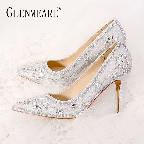 

women wedding shoes high heels luxury design women pumps crystal pointed toe party shoes brand sliver plus size female pumps de, Black