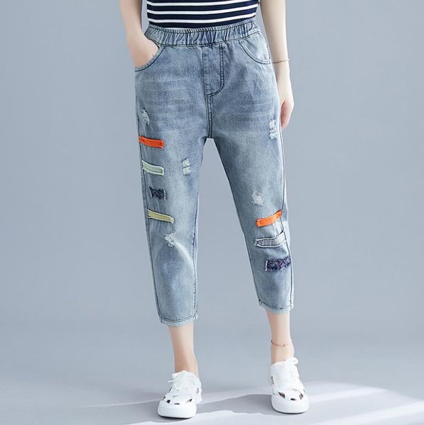 

women fashion washing denim pants 2020 summer female casual holes patchwork jeans high street elegant jeans plus size p843, Blue