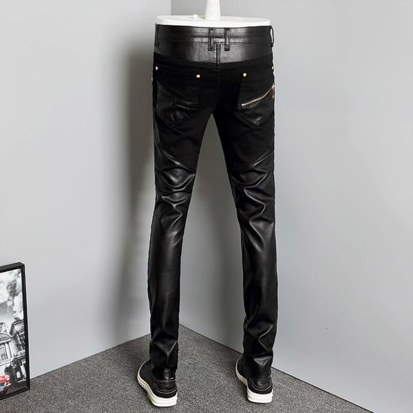 

men's pants 2021 fashion splice men motorcycle korean slim fit pu leather trousers streetwear casual zipper pencil plus size, Black