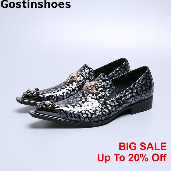 

polka dots decoration men leather shoes patent leather fashion casual shoes pointed metal captoe slip on men oxfords, Black