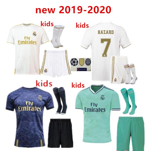 

new 2019 real madrid kids kit soccer jerseys 19/20 home jovic hazard white 3rd 4th boy child youth modric 2020 sergio ramos football shirts, Black