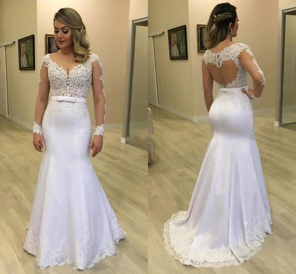 

elegant sheer neck mermaid wedding dresses illusion long sleeves bow sweep train covered button bridal gowns custom made, White
