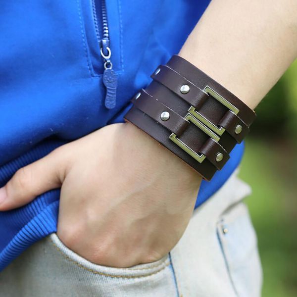 

creative vintage wide leather bracelet men's rivet cuff bracelet alternative women's snap jewelry personality student bangle, Black
