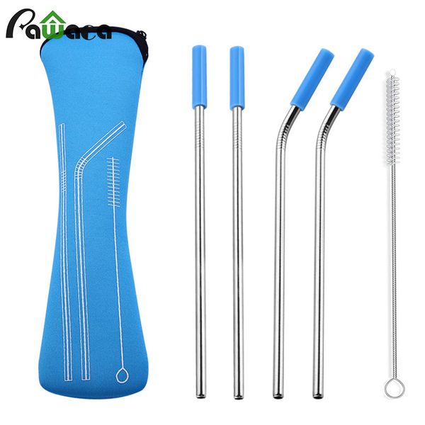 

6pcs/set reusable stainless steel straws straight bent drinking straws with silicone tips for cold beverage drink bar tools