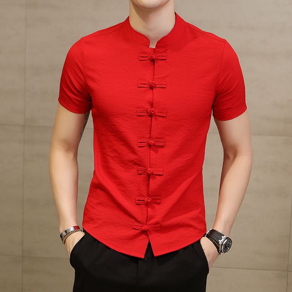 

2019 summer new men shirt fashion chinese style linen slim fit casual short sleeves shirt camisa social business dress shirts, White;black