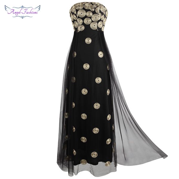 

angel-fashions women's strapless gold flower embroidery splicing tulle long elegant evening dress vintage black j-190714-s, White;black