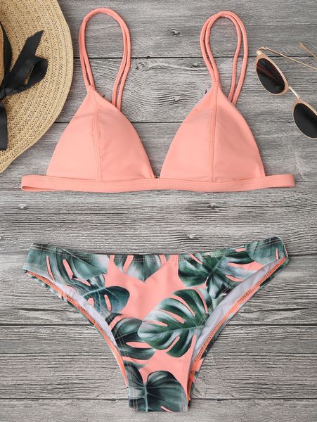 

green leaf printed two-piece split bikini green leaf bikini printed swimsuit two-piece split swimsuit, White;black