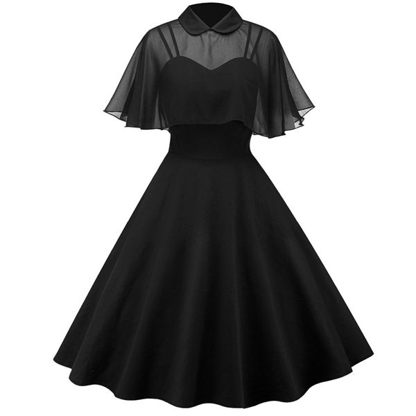 

pin up spring women dress sheer mesh cape vintage party dress vestidos peter pan collar short sleeve a-line dresses robe, Black;gray