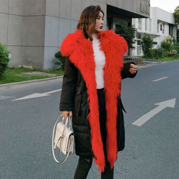 

2019 natural mongolia sheep fur winter down coat women white duck down jacket female thicken warm long streetwear parkas 1100, Black