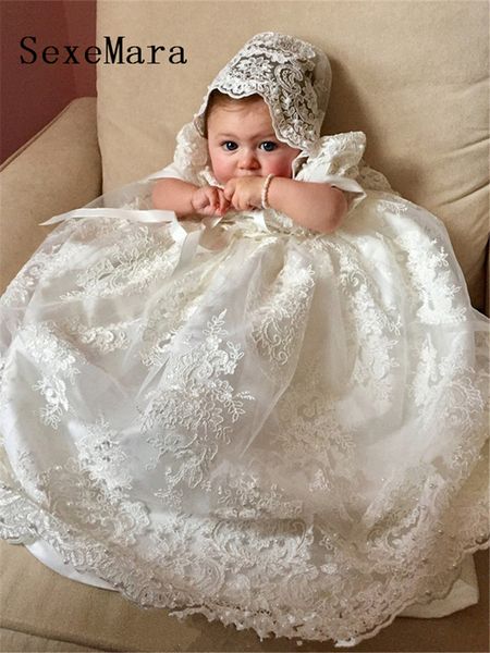 

new cute long christening gown for baby girls lace pealrs short sleeve customized baptism dress white ivory y190516, Red;yellow