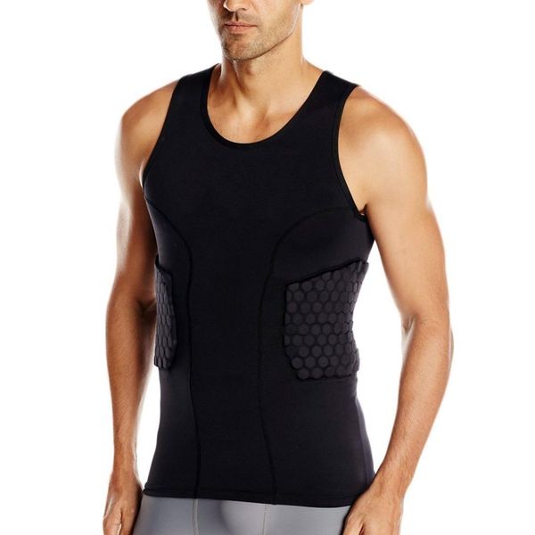

men's rib protector padded vest compression shirt training vest with 3-pad for football soccer basketball hockey protective gear, Black