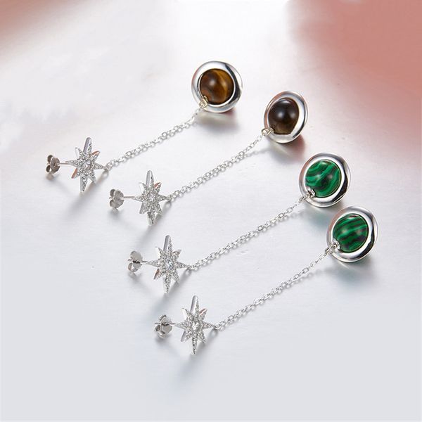 

925 sterling silver sparkling crystal star earring charm colorful gem round ball earring long tassel drop earrings fine jewelry