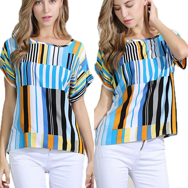 

womens striped short sleeve t-shirts ladies summer casual loose tee blouses, White
