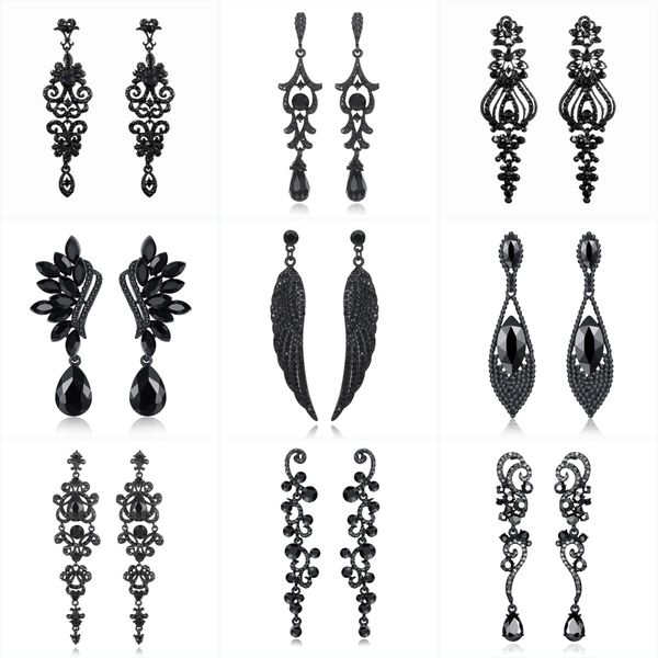 

minmin vintage feather long drop earrings for women black crystal angel wing dangle earrings 2019 fashion jewelry female meh942, Silver