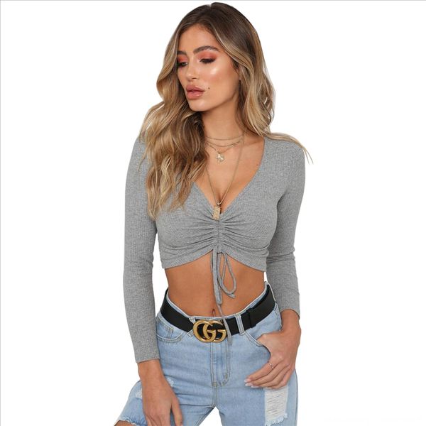 

women's v-neck drawstring slim female women's v-neck drawstring t-shirt slim female t-shirt top, White