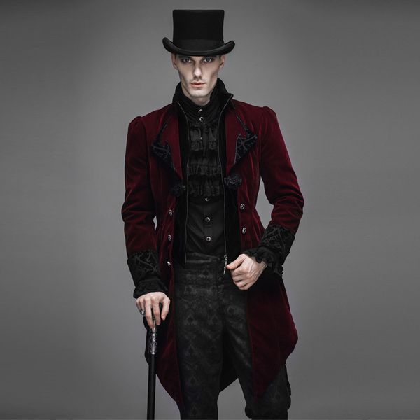 

autumn winter steampunk goth long coat men fashion runway style coat men neutral slim retro style gothic velveteen trench, Tan;black