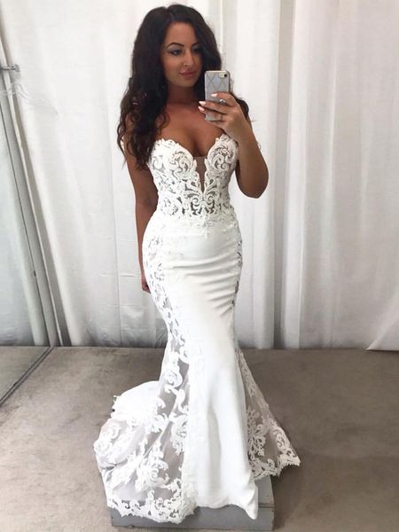 

illusion bodice lace wedding dress mermaid sweetheart deep v neckline floor length bridal gowns custom made plus size, White