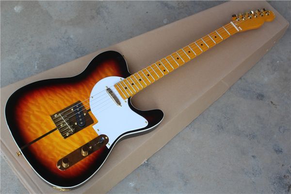 

rare flame maple neck merle haggard tuff dog tele tl 3 color sunburst quilted maple electric guitar gold hardware, white pickguard