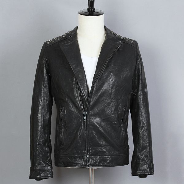 

men's leather & faux rivets fashion slim fit genuine jacket men black sheepskin turn-down collar real biker motorcycle coat