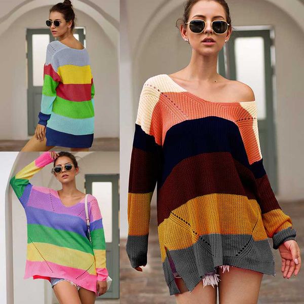 

women sweater multicolor colorful stripes dropped shoulder splits hollow out long sleeve cool loose pullover lady sweater mujer, White;black