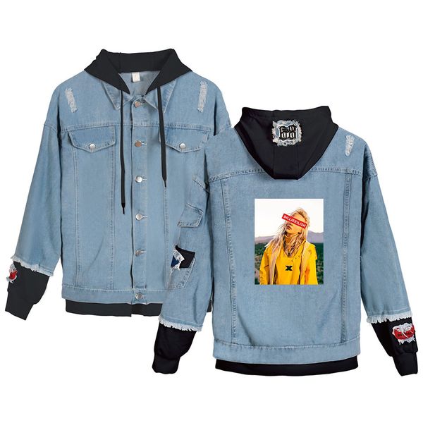

billie eilish denim bomber jacket men long coat streetwear chaqueta hip hop singer jean jacket blue black outwear male 4xl, Black;brown