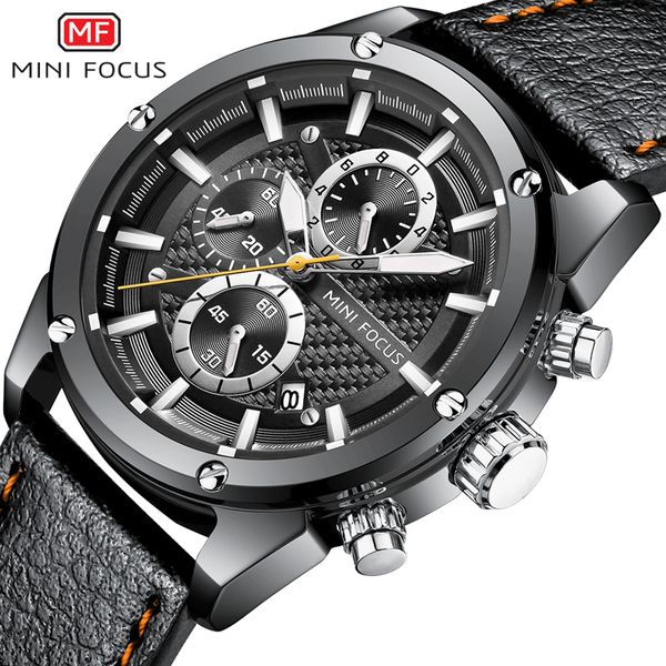 

sport watch men leather quartz watch black dial army chronograph men's wristwatches clock men whatch 2019, Slivery;brown