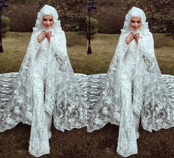 

мусульманский свадьба комбинезоны урожай 2020 lace 3d цветочный аппликация jewel шеи страна свадебные платья с длинным рукавом modest weddin, White