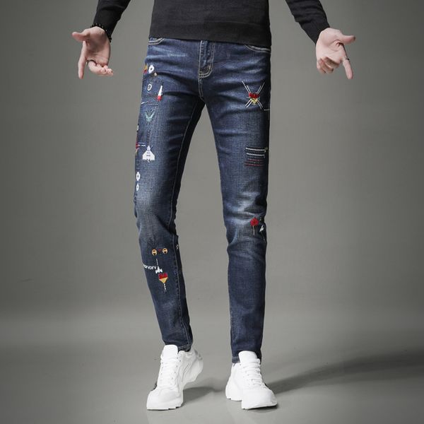 

embroidery jeans men casual autumn winter blue straight stretch cotton jean pants plus size