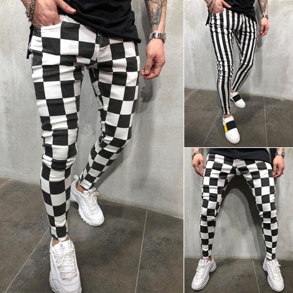 

Januarysnow Men's Street Fashion Pants Personality Lattice Stripe Pants Hip Hop Slim Fitting Pants Long Sweatpants